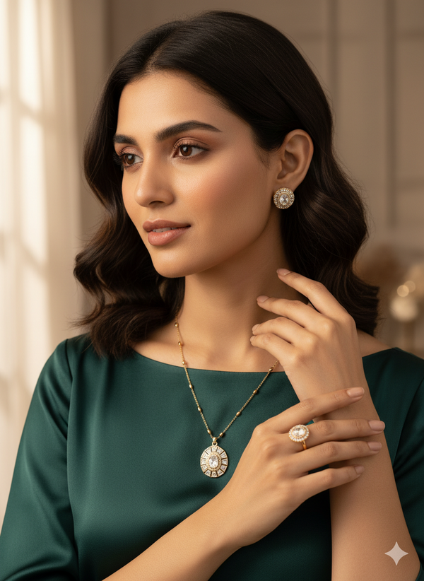 Regal Statement Moissanite Polki Pendant Earrings Set