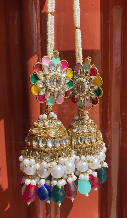 "Lehariya" Kundan Pearl Gold-plated Jhumka with Earchain