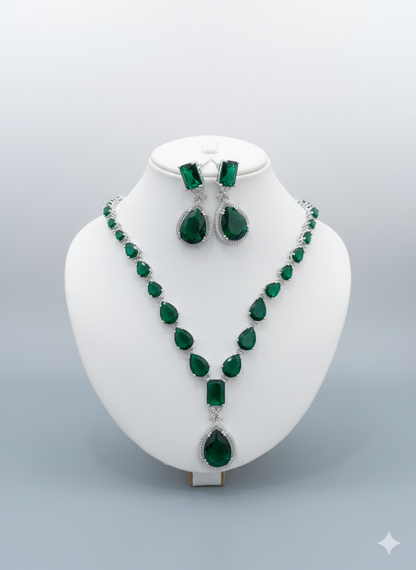 Statement Emerald Green Studded Zirconia American Diamond Necklace Set