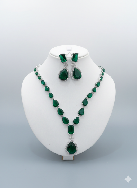 Statement Emerald Green Studded Zirconia American Diamond Necklace Set