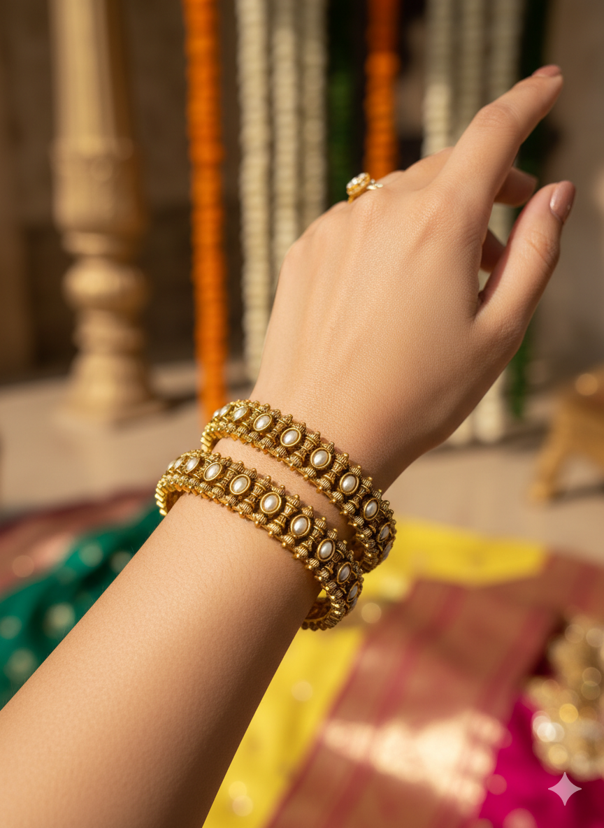 South Styled Pearl Antique Kadda - Pair Of 2 Bangles