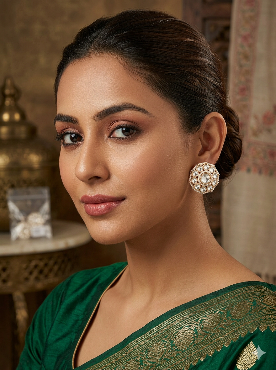 Signature Moissanite Pearl Polki Studs Earrings