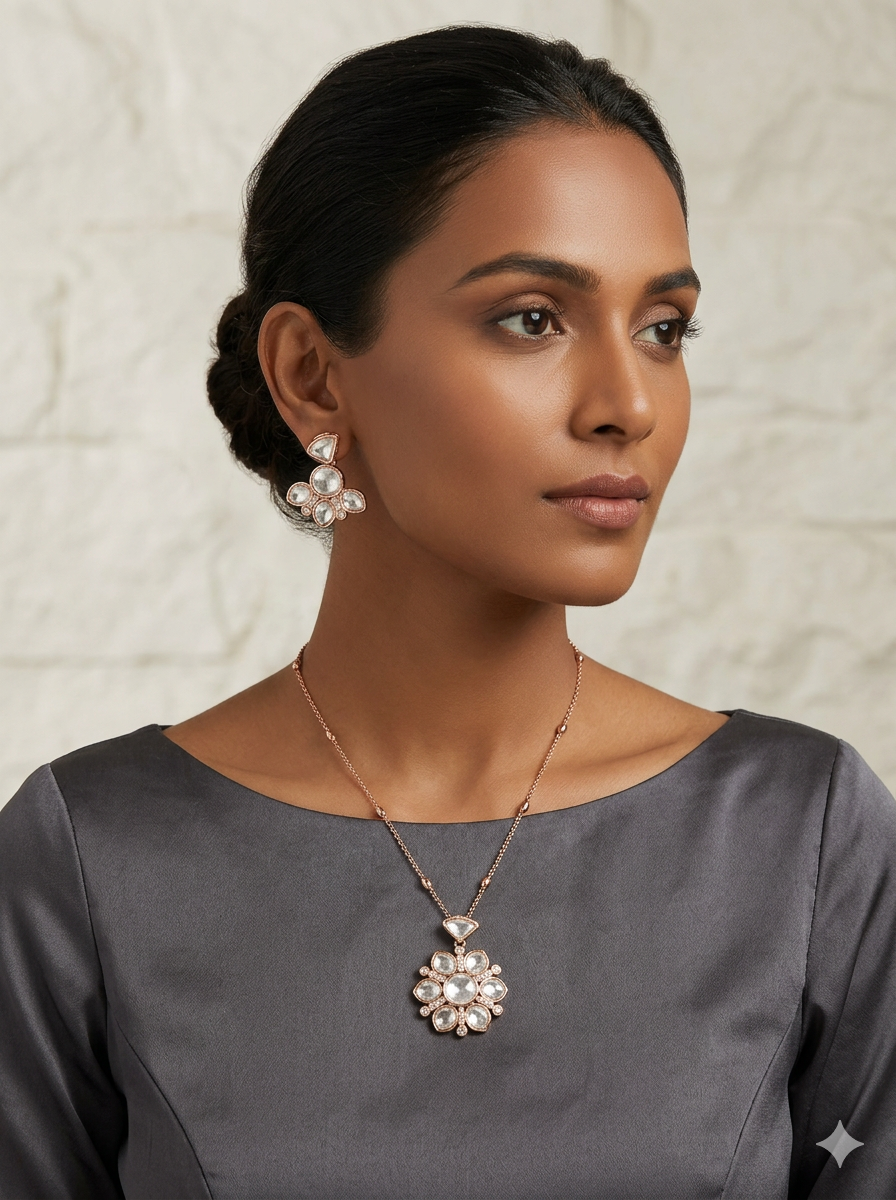 Signature Moissanite Polki Pendant Earrings Set