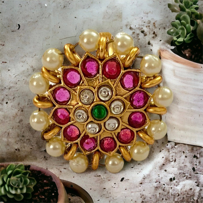 Floral Kundan Polki Pearl Medium Size Ring