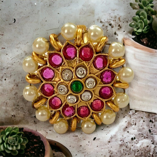 Floral Kundan Polki Pearl Medium Size Ring