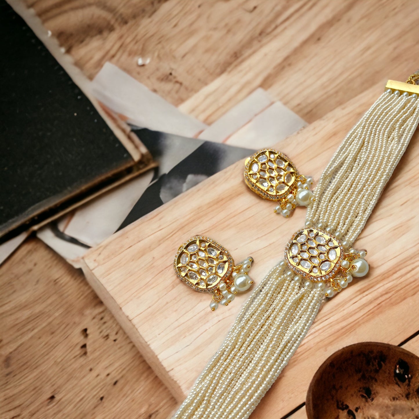 Celebrity Inspired Kundan Polki Pearl Necklace Set