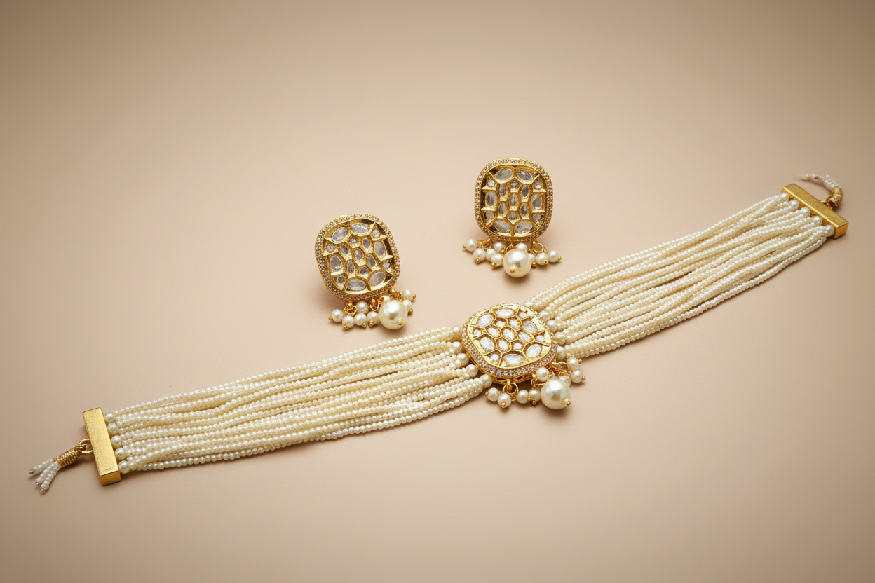 Celebrity Inspired Kundan Polki Pearl Necklace Set