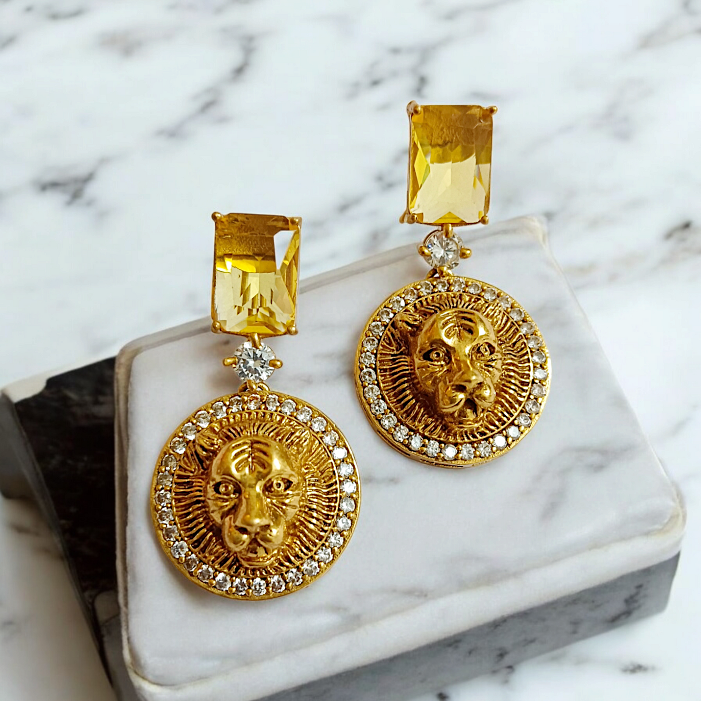 Yellow Sapphire CZ Tiger Head Medium Size Statement Earrings