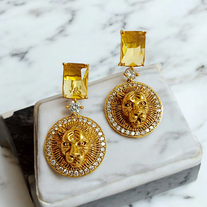 Yellow Sapphire CZ Tiger Head Medium Size Statement Earrings