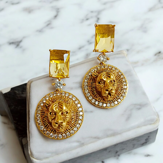 Yellow Sapphire CZ Tiger Head Medium Size Statement Earrings