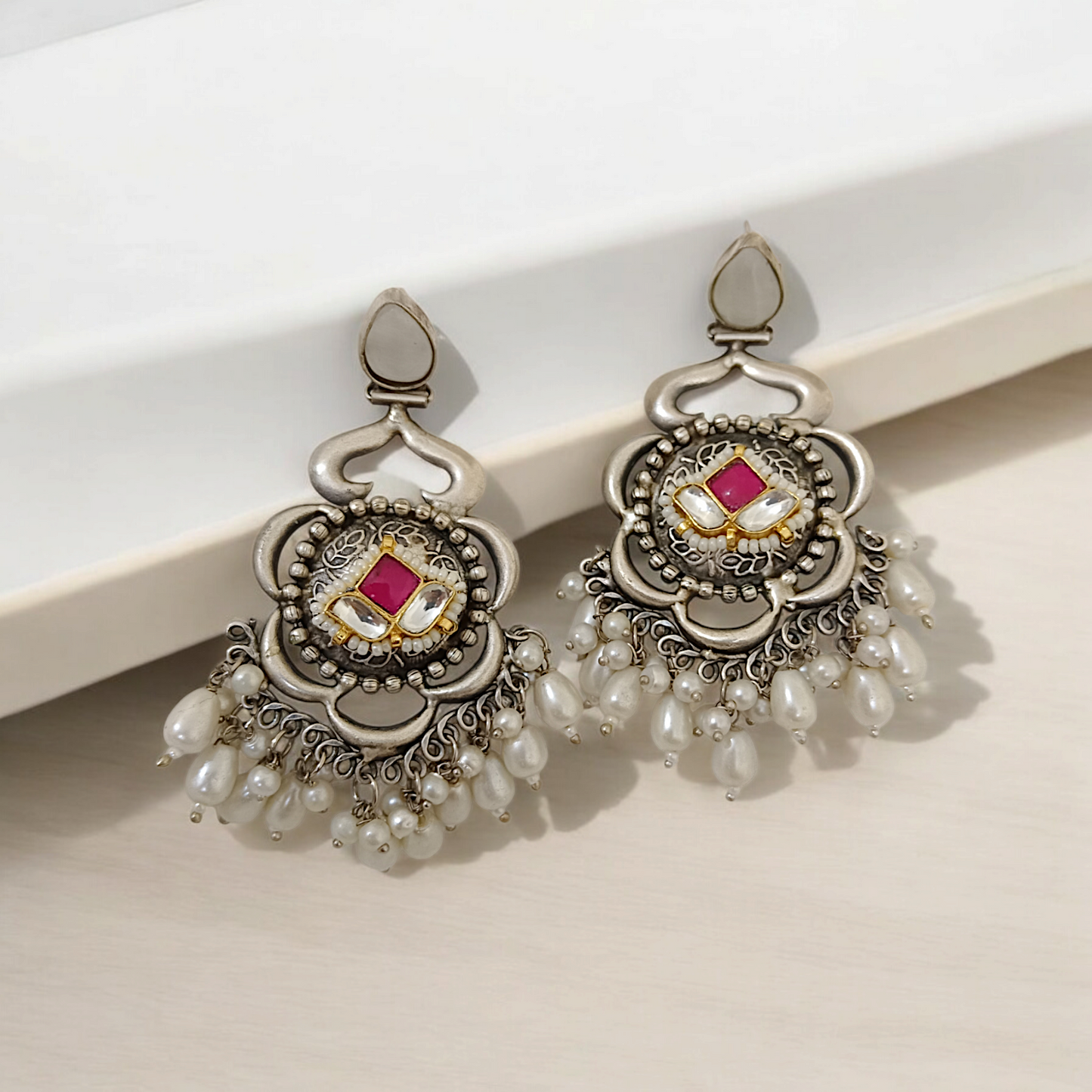 Fusion Silver Panchi Kundan Medium Size Chandbali