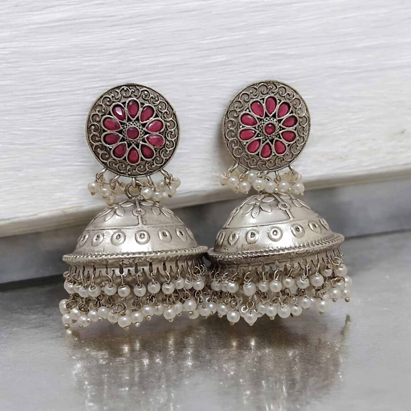 Ruby Stone Silver Polish Pearl Jhumka