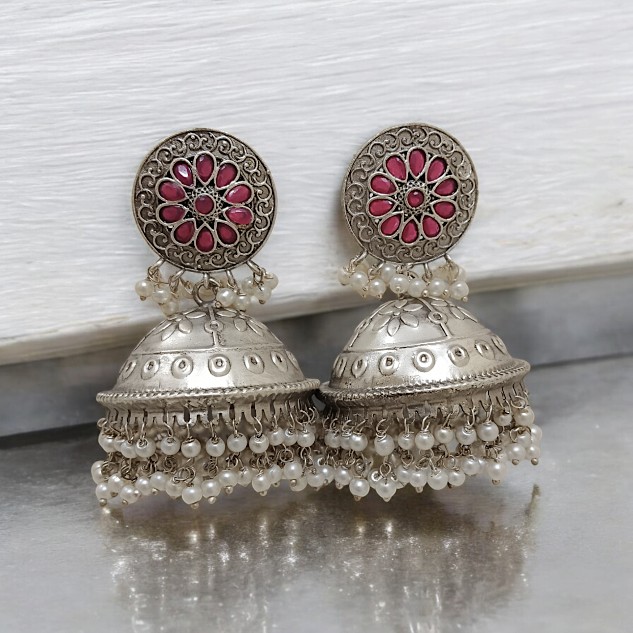 Ruby Stone Silver Polish Pearl Jhumka