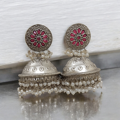 Ruby Stone Silver Polish Pearl Jhumka