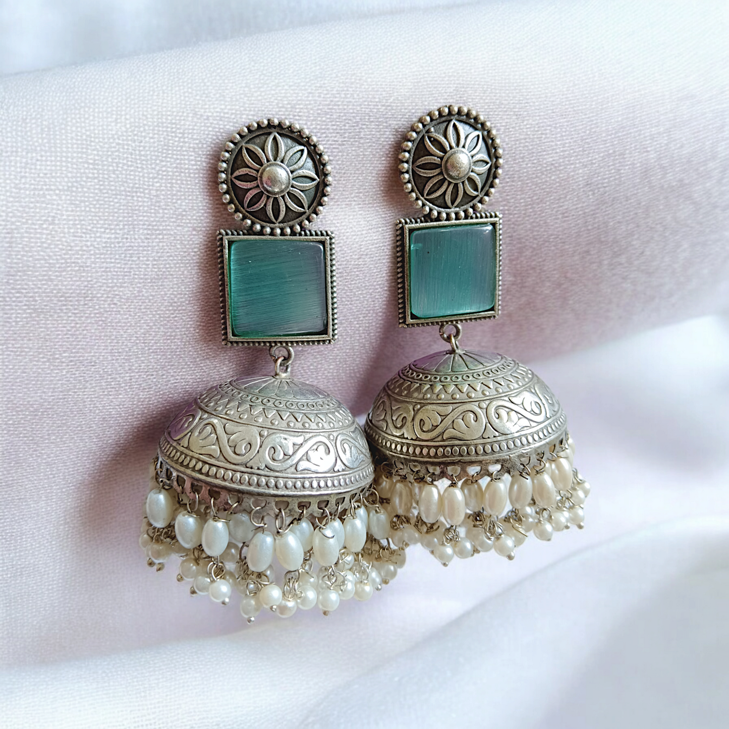 Sea Green Semi Precious Stone Silver Butta Pearl Long Jhumka