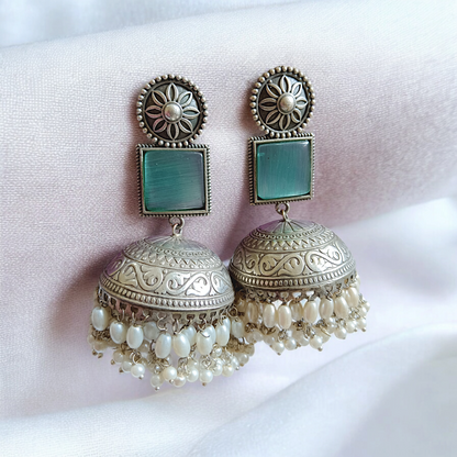 Sea Green Semi Precious Stone Silver Butta Pearl Long Jhumka