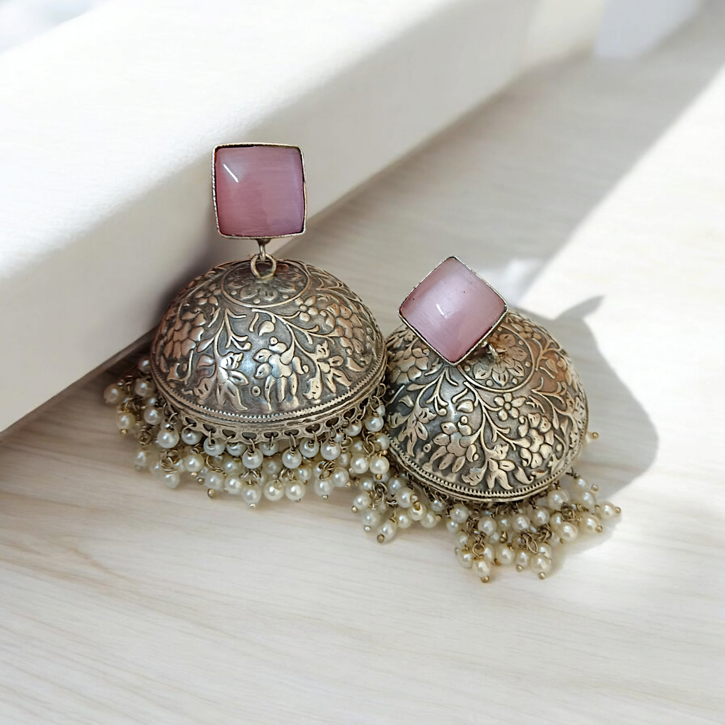 Pink Stoned Handcrafted Silver Pearl Jhumka