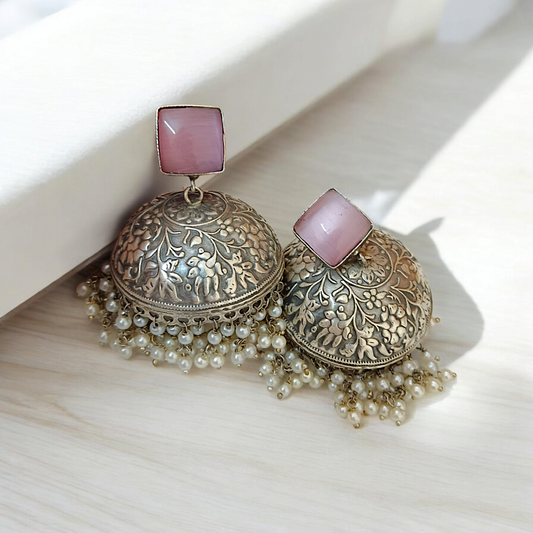 Pink Stoned Handcrafted Silver Pearl Jhumka