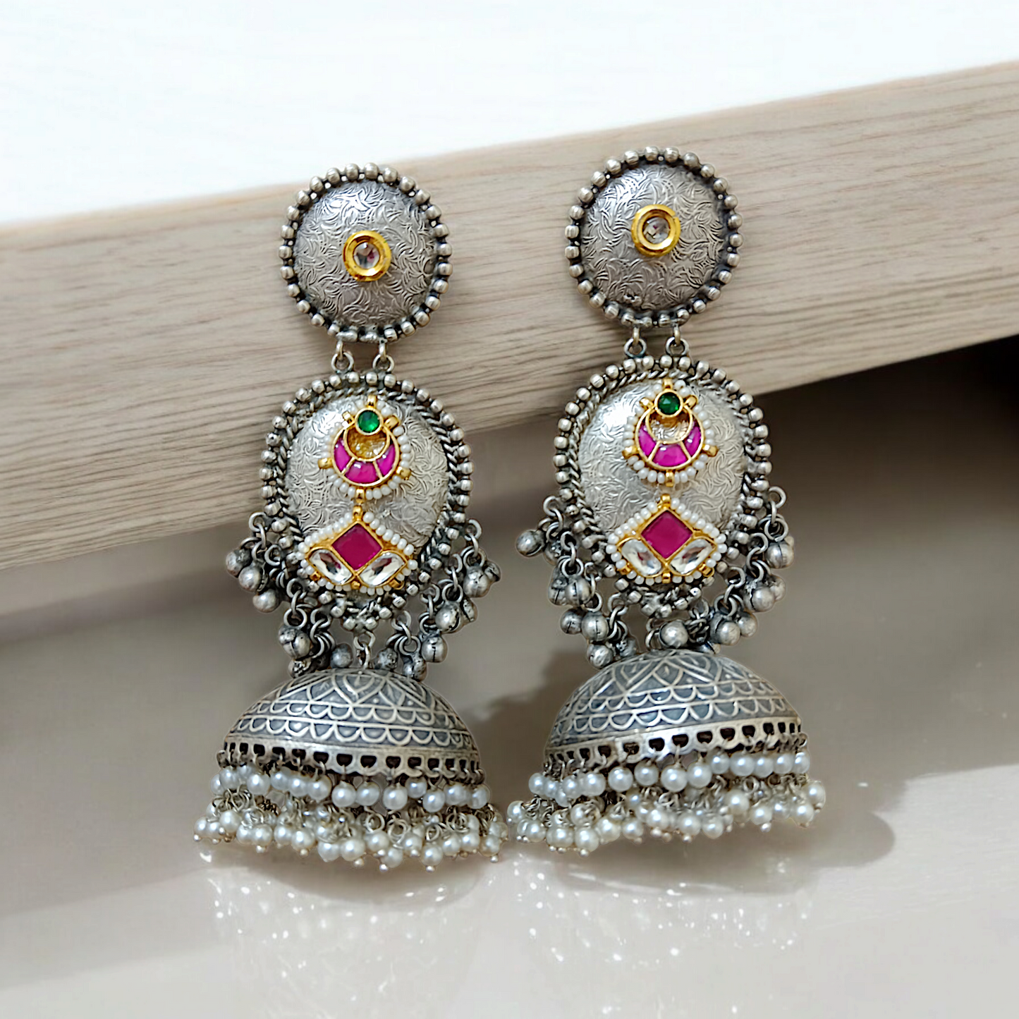 Silver Paachi Kundan Statement Long Jhumka