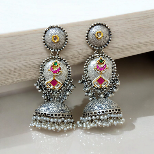 Silver Paachi Kundan Statement Long Jhumka