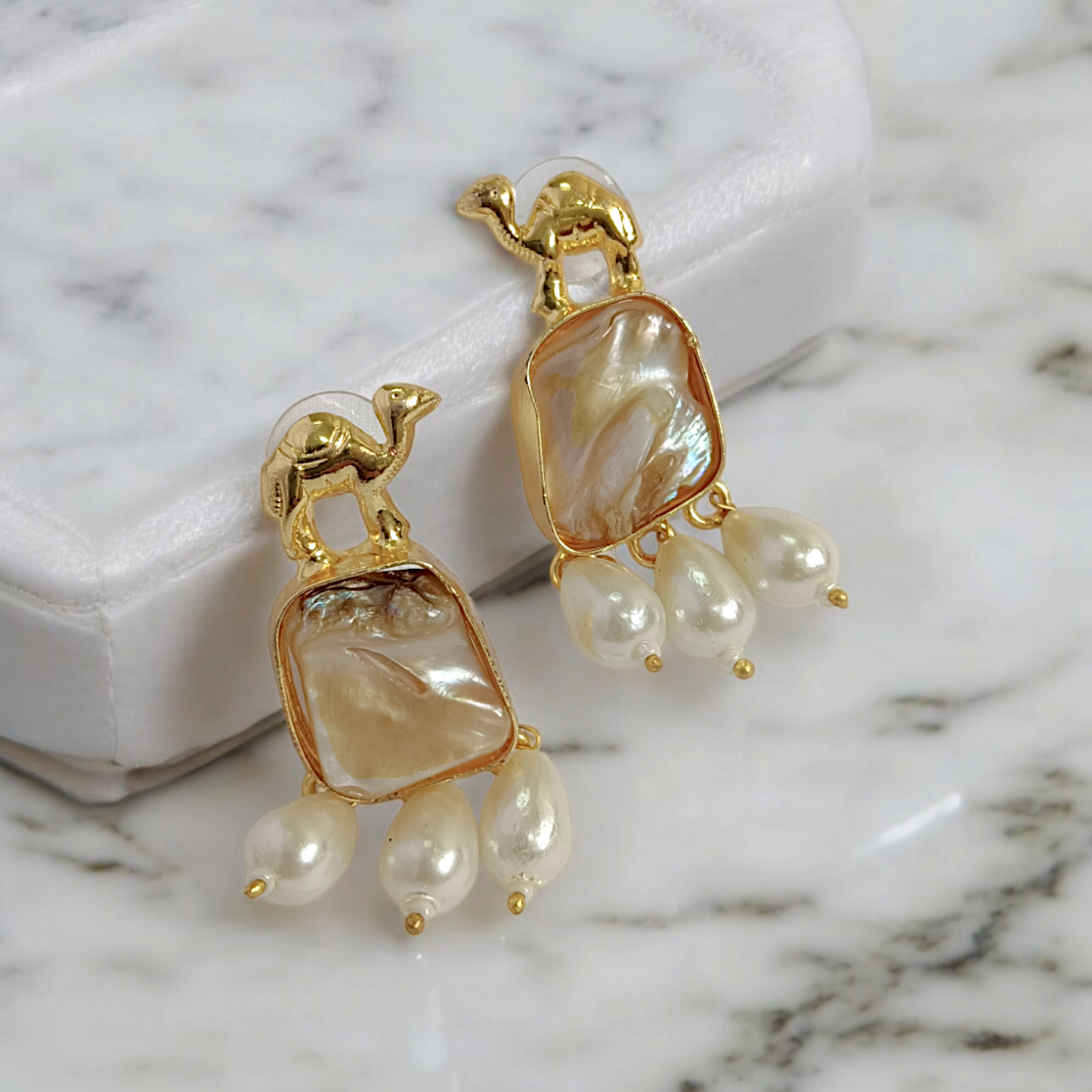 Camel Natural Stone Pearl Small Earrings