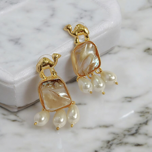 Camel Natural Stone Pearl Small Earrings