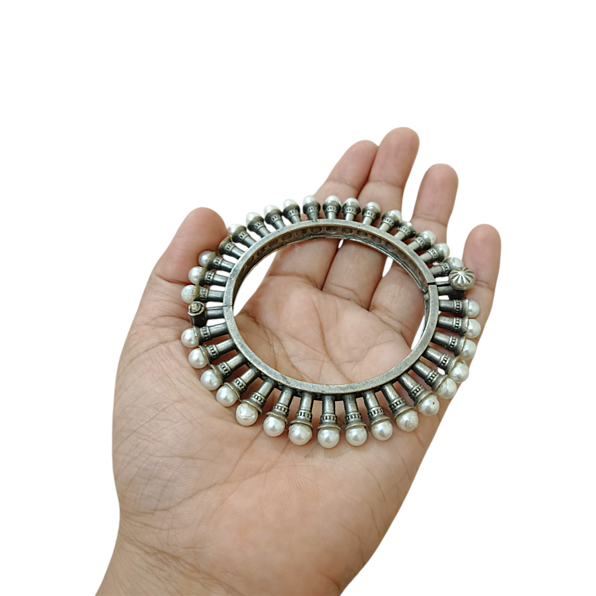 Silver Statement Pearl Lockable Adjustable Size Bangles