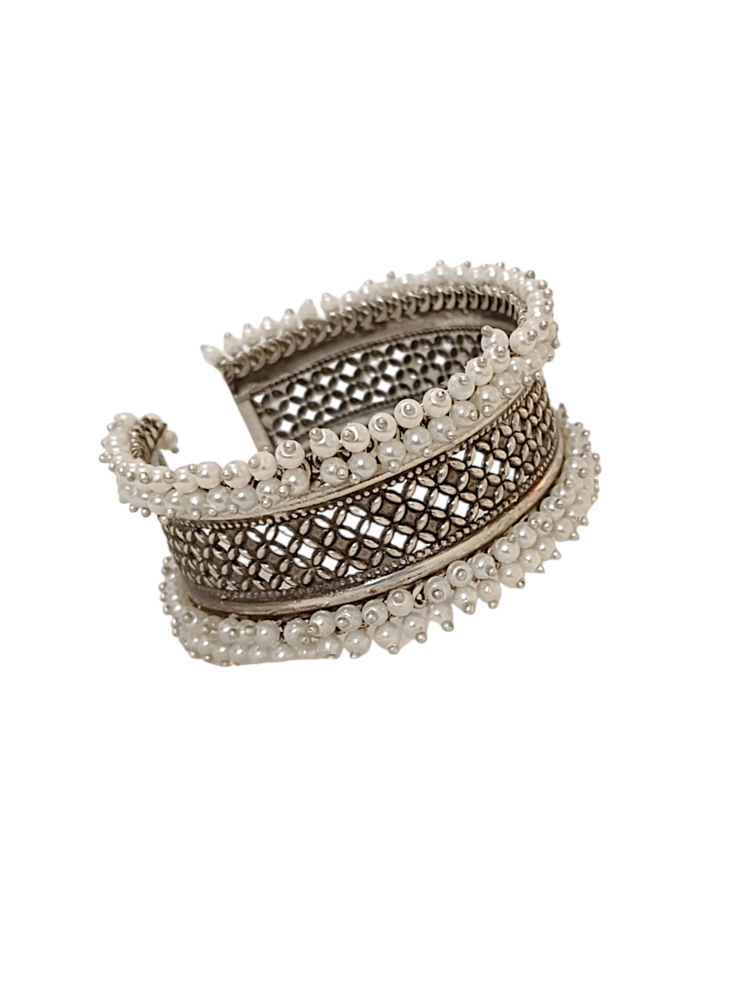 Pearl Cluster Oxidised Silver Kada