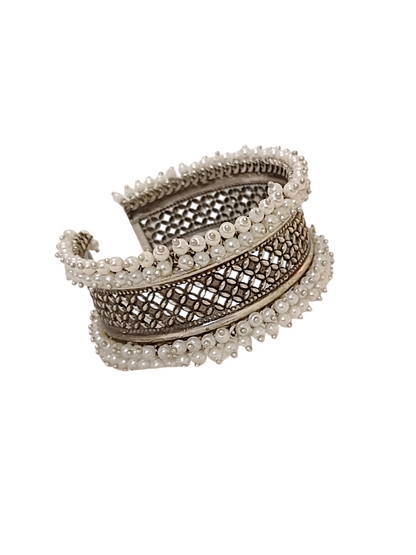 Pearl Cluster Oxidised Silver Kada