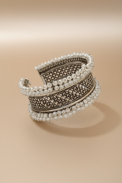 Pearl Cluster Oxidised Silver Kada