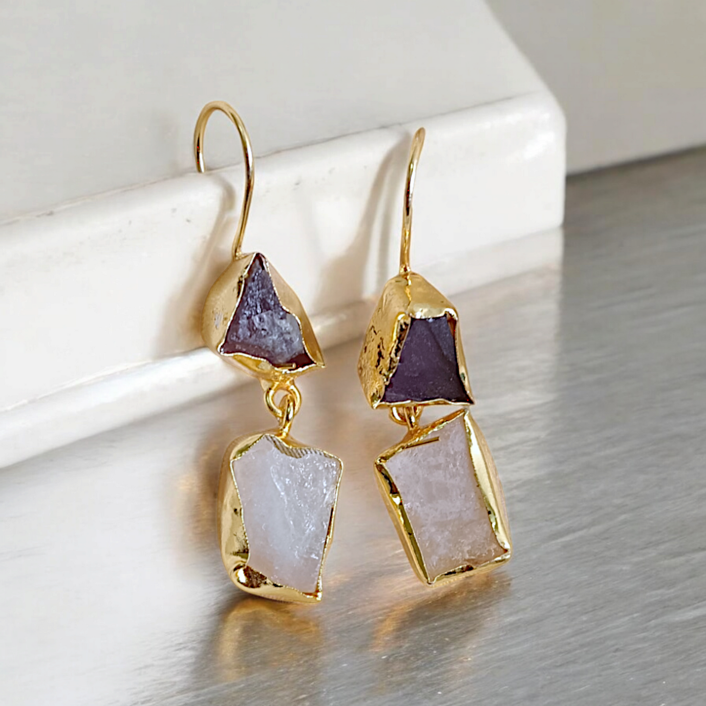 Natural Uncut Stone Anti Tarnish Hook Earrings