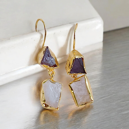 Natural Uncut Stone Anti Tarnish Hook Earrings