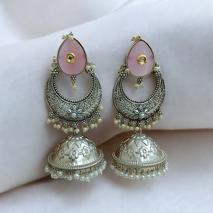 Lux Pink Studded Silver Long Jhumka
