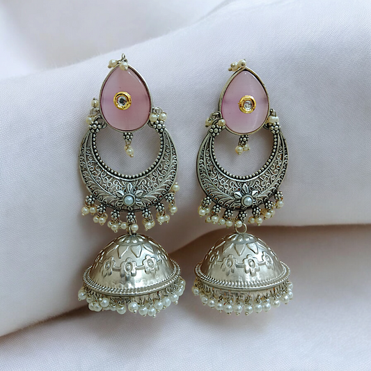 Lux Pink Studded Silver Long Jhumka