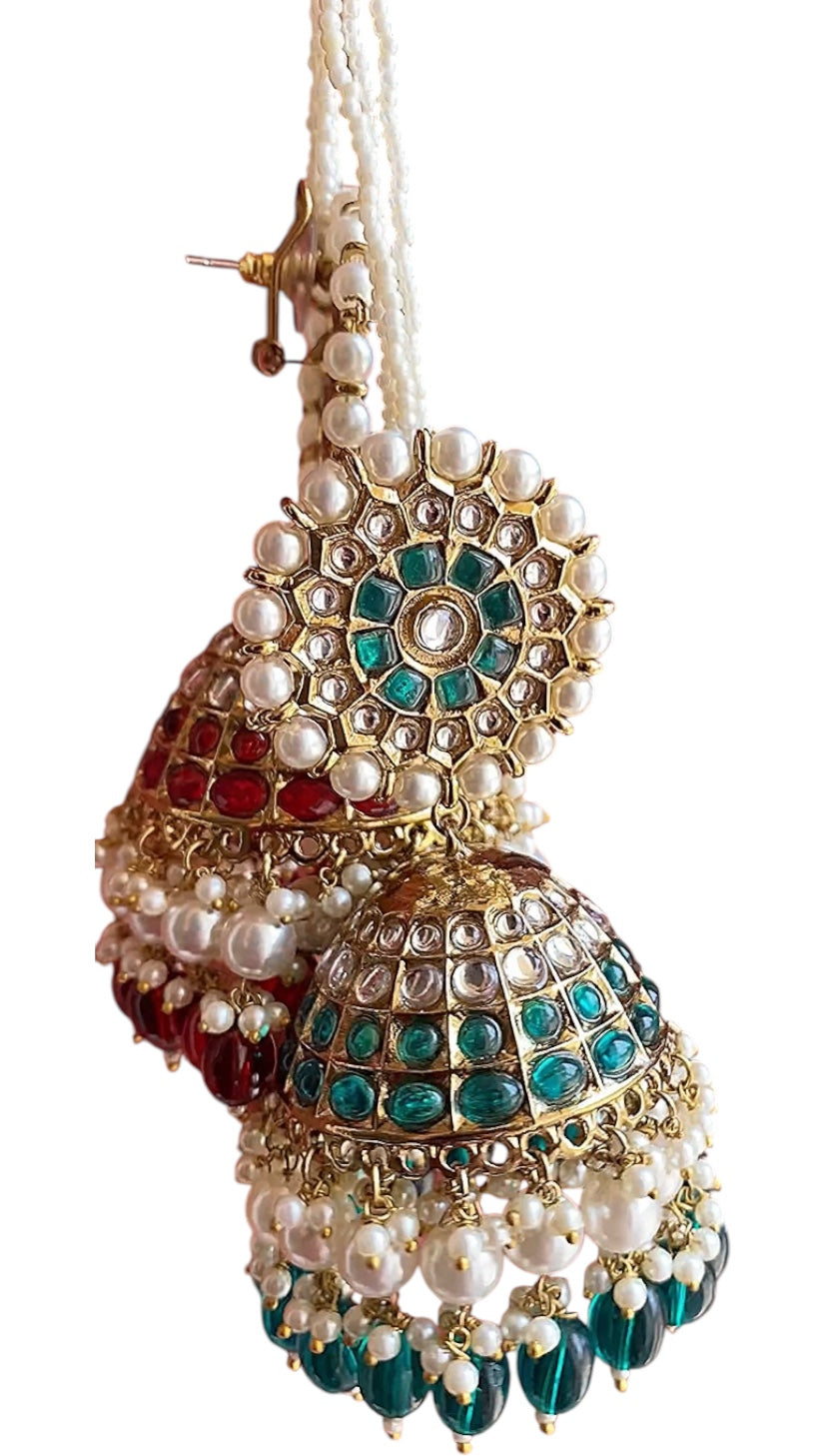 Statement "Gulshan" Oversized Jhumka with Pearl Earchain Sahara
