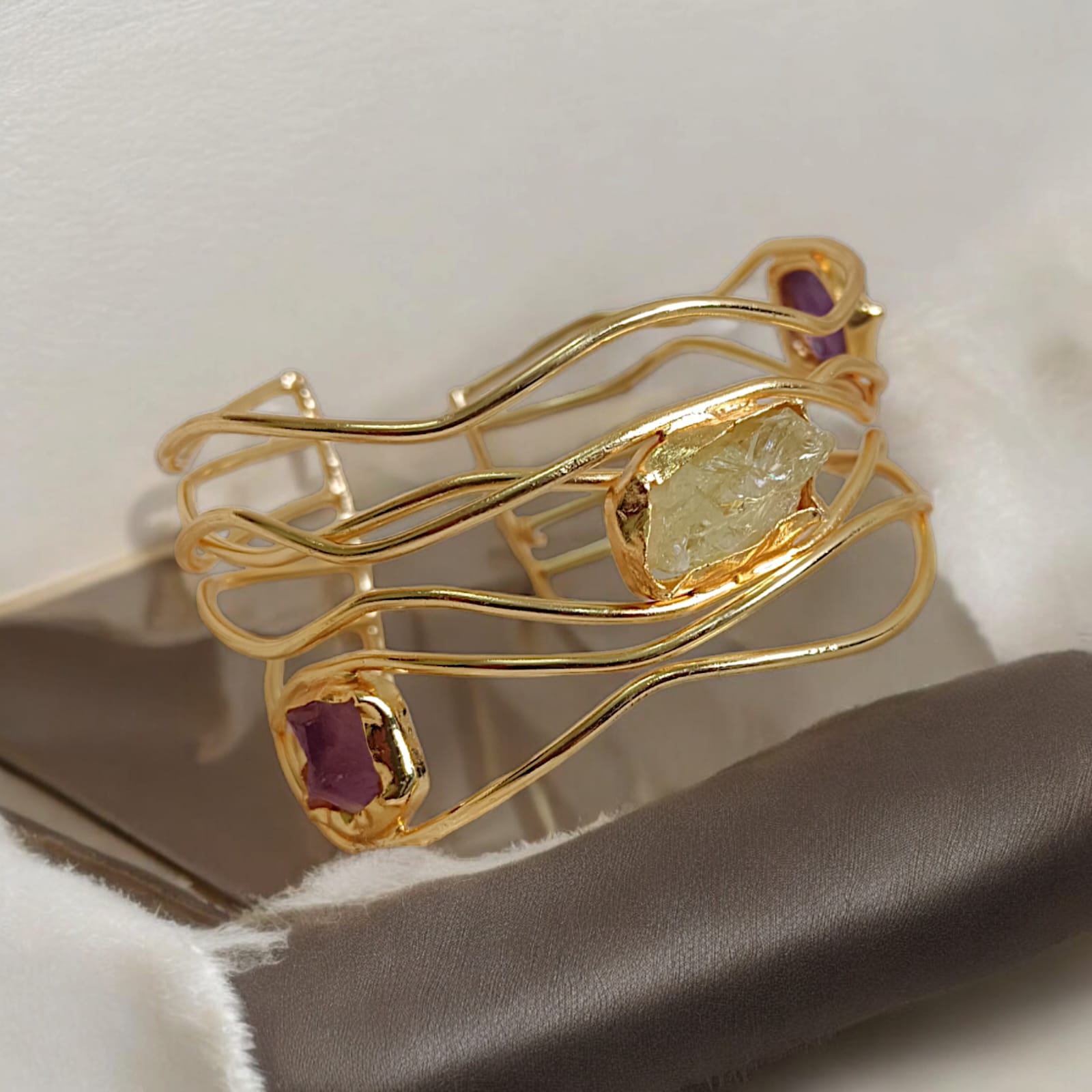 Natural Stone Triple Layered Gold Plated Anti Tarnish Bracelet