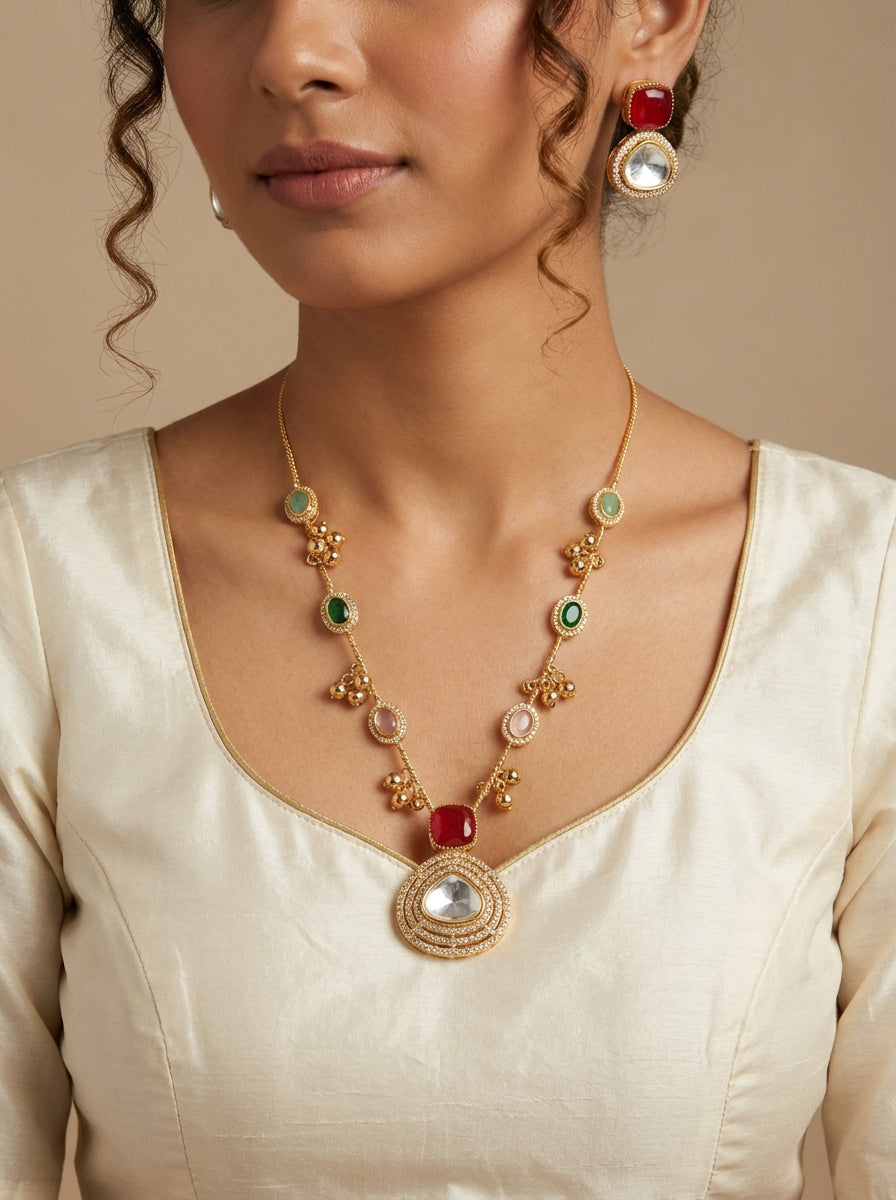 Navratana Moissanite Neckpiece with earrings - [generated by Eldor AI]