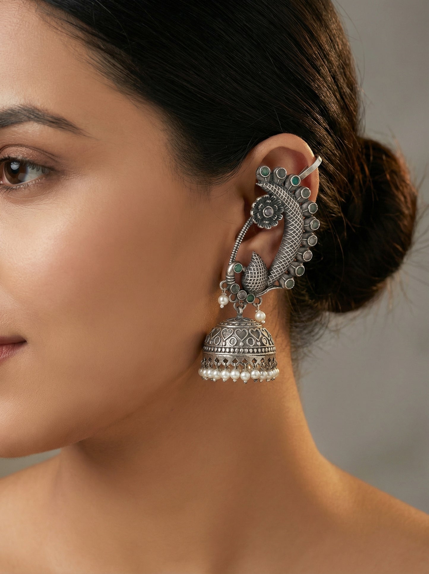 Silver Earcuff Jhumka - [generated by Eldor AI]