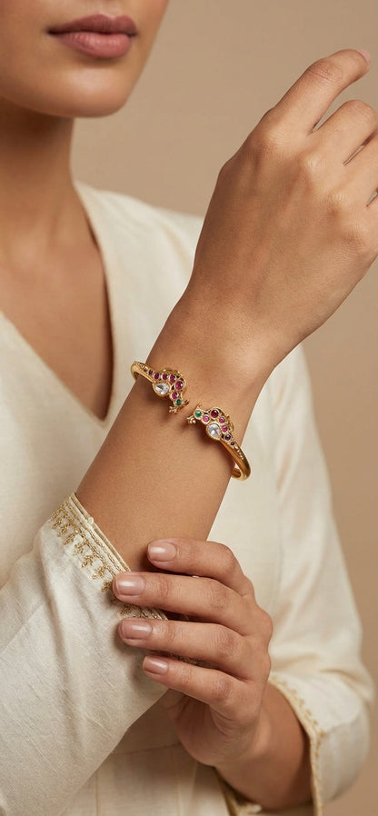 Peacock Kundan Polki Gold Plated Anti Tarnish Bracelet - [generated by Eldor AI]