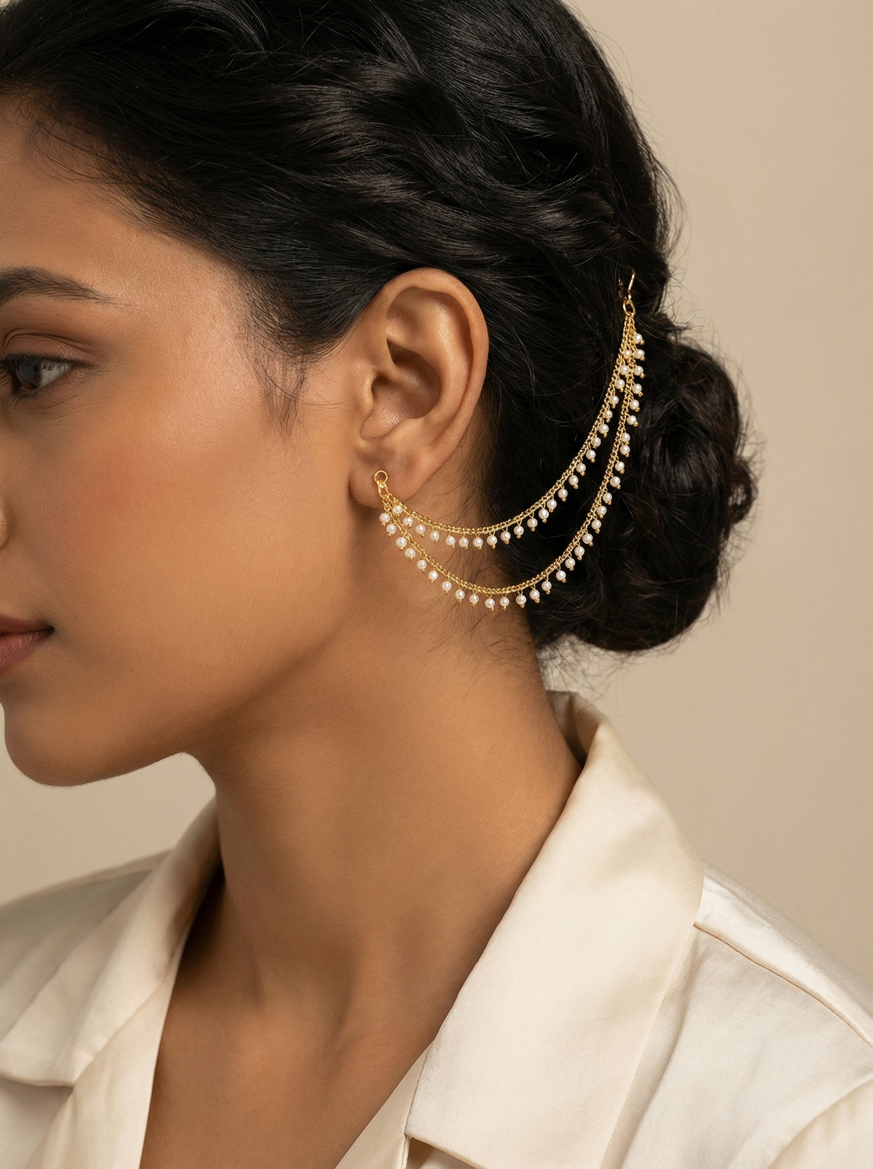 Double Pearl Layered Earchain Sahara - [generated by Eldor AI]