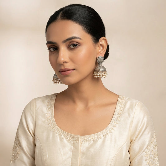 Silver Pearl Drops Medium Size Jhumka - [generated by Eldor AI]