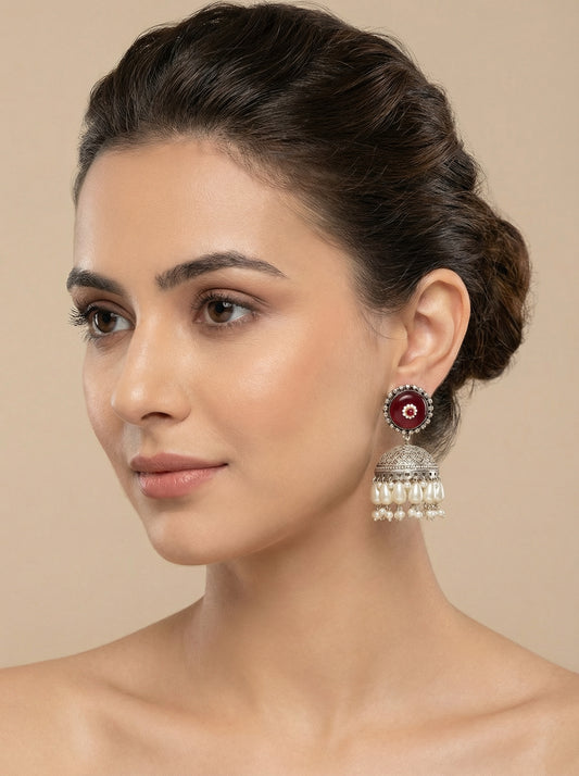 Malabar Marron Glass Stone Pearl Drop Jhumka - [generated by Eldor AI]