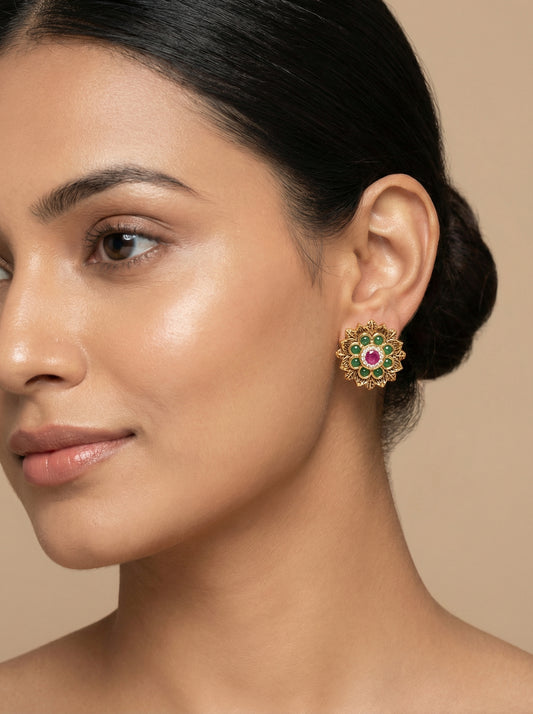 Kempu Mint Antique Temple Stud Earrings - [generated by Eldor AI]