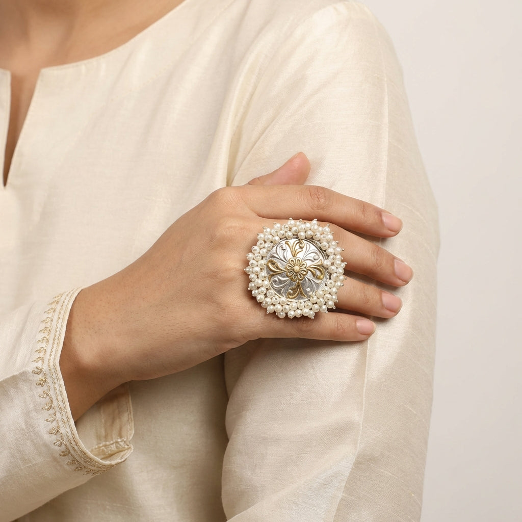 Statement Oversized Pearl Chakra Silver Pearl Ring - [generated by Eldor AI]