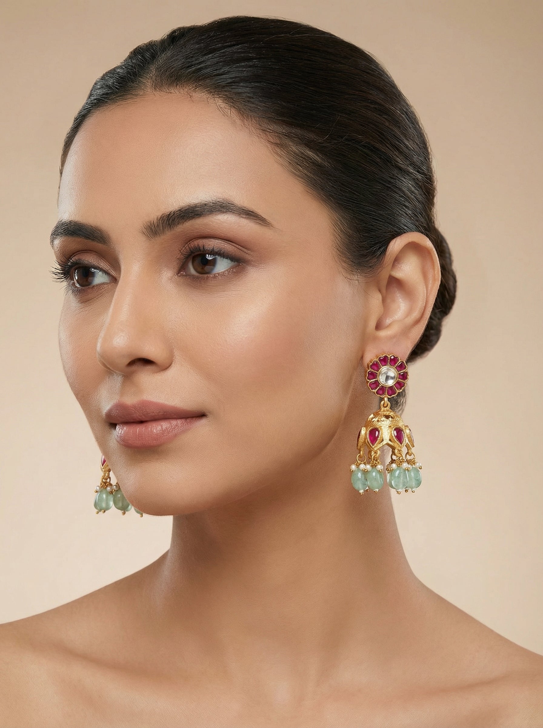 Kempu Jadau Jhumka Earrings with Mint Beads - [generated by Eldor AI]