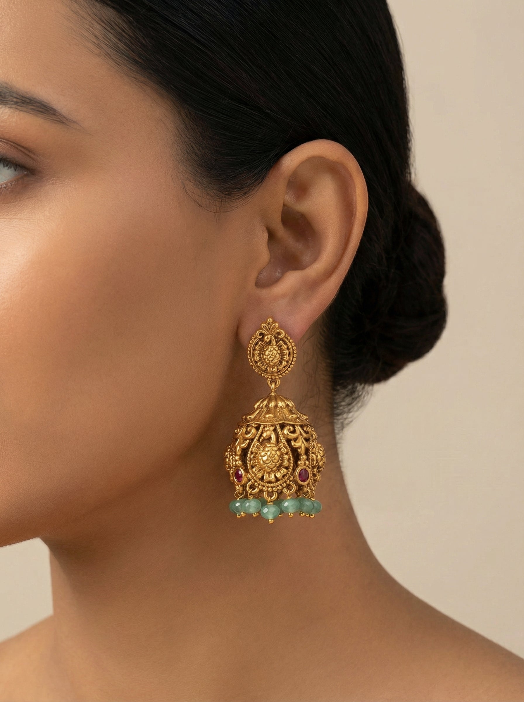 Mint Pearl Drop Antique Temple Jhumka - [generated by Eldor AI]