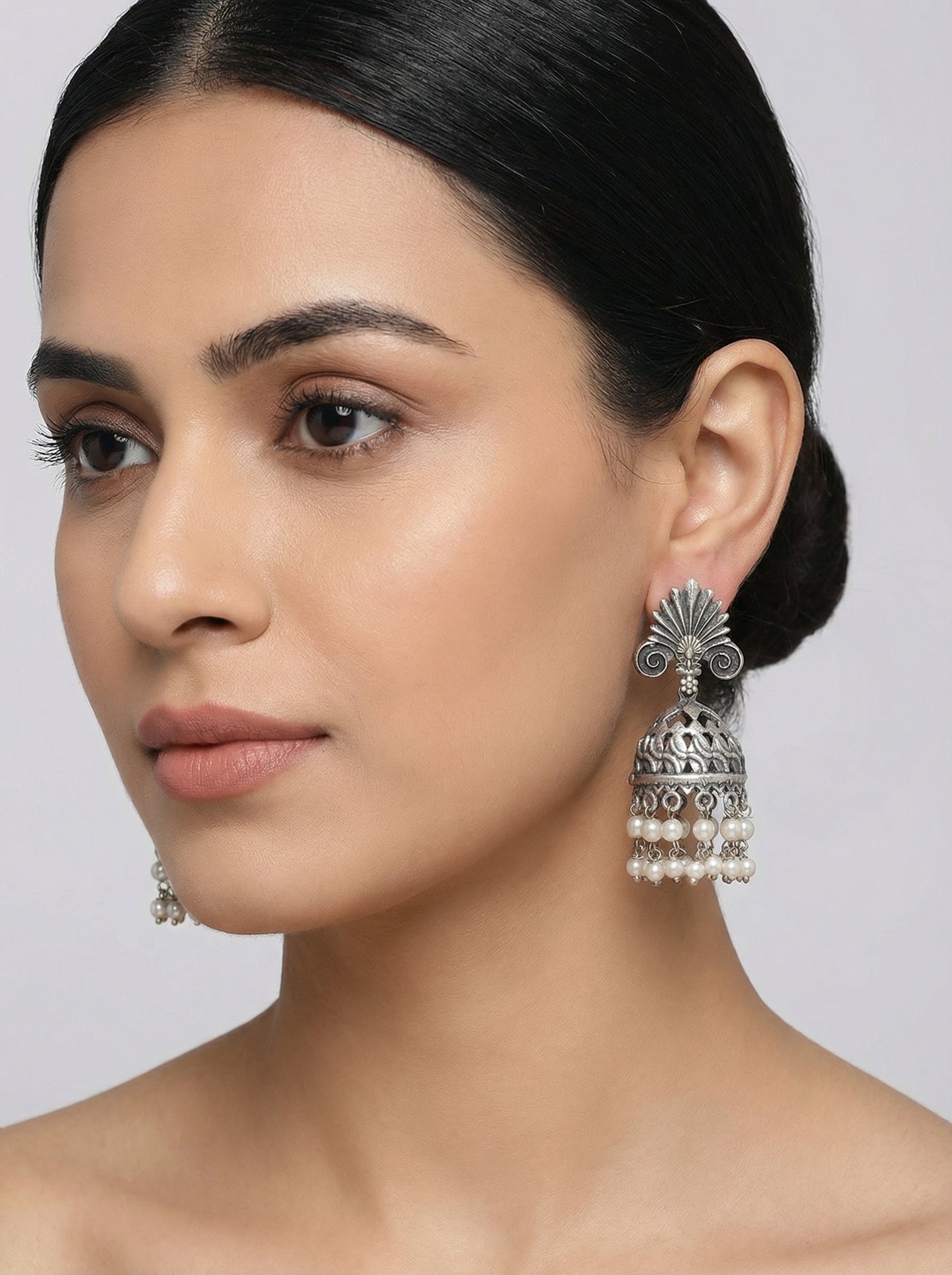 Detailed Carving Silver Jhumka - [generated by Eldor AI]