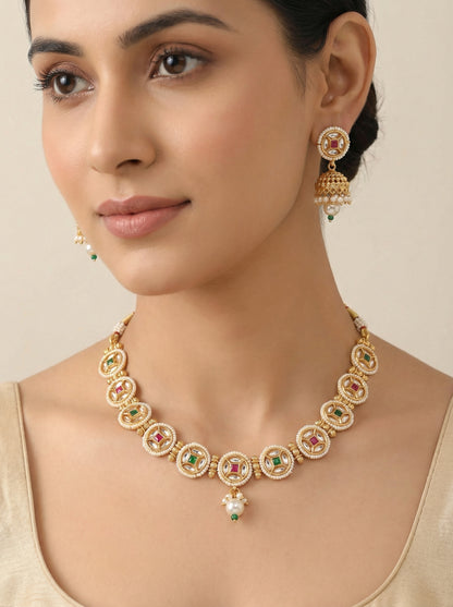 Navtrana Gold Plated Pure Brass Necklace set - [generated by Eldor AI]