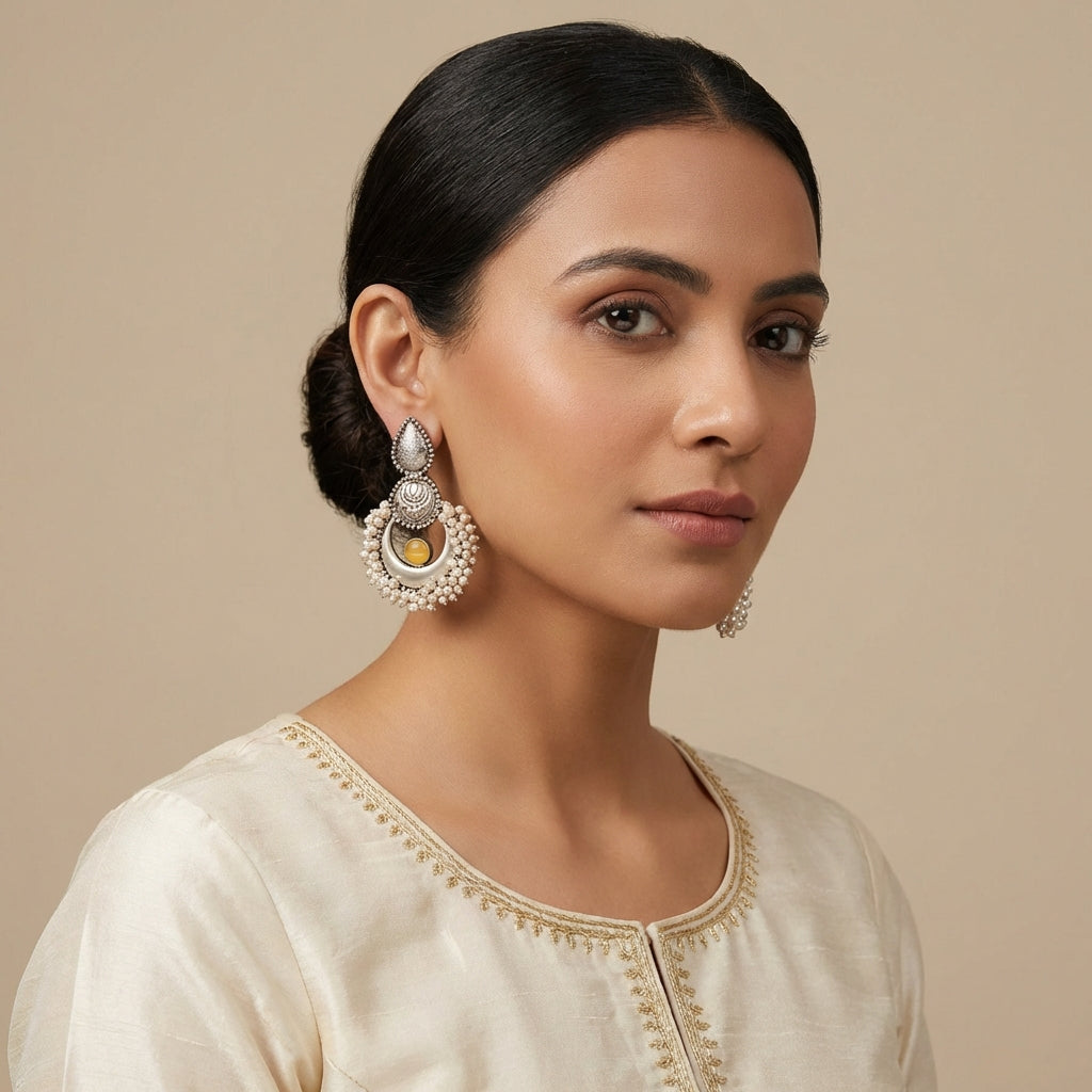 Sapphire Stoned Silver Chandbali - [generated by Eldor AI]