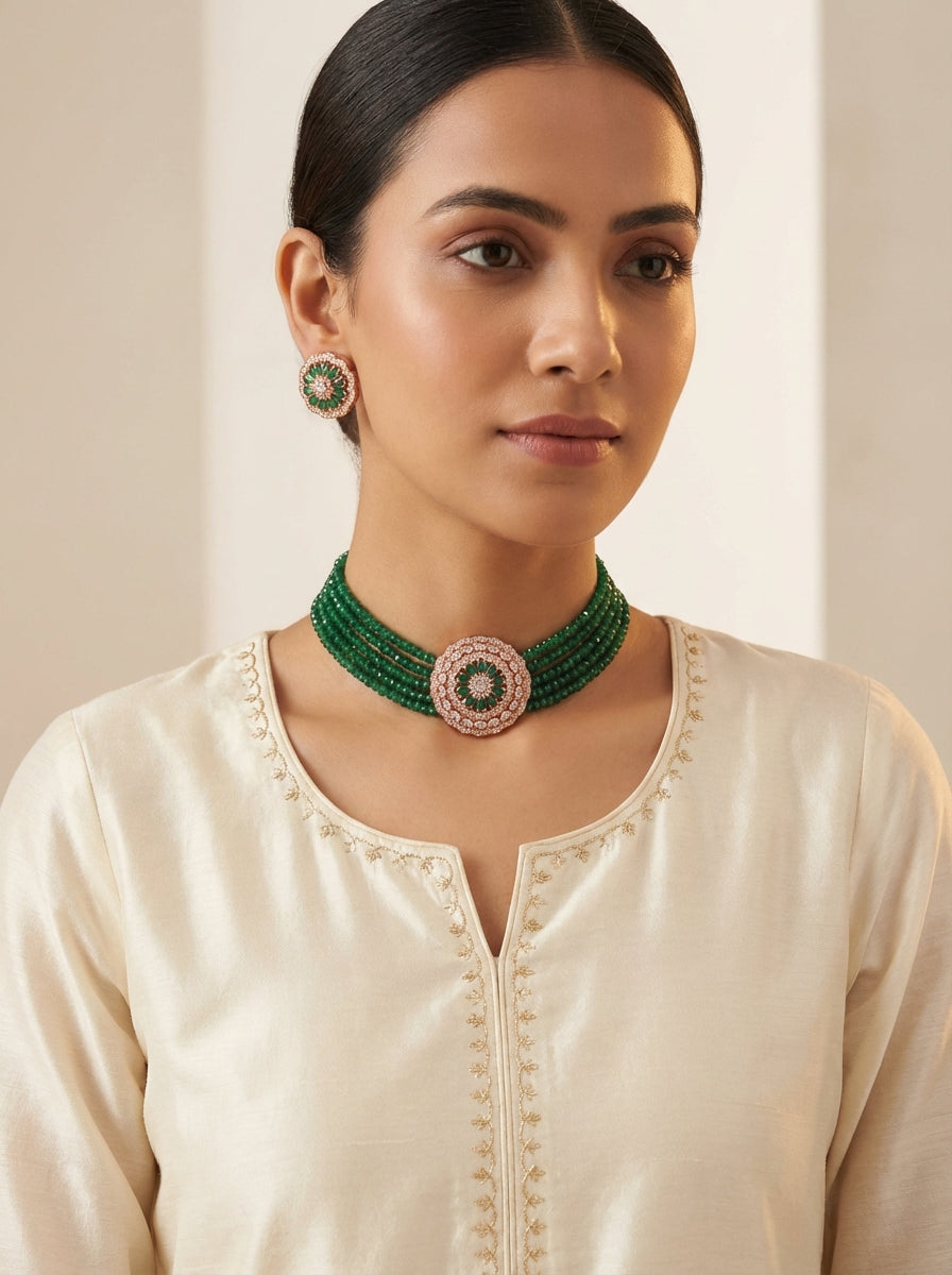 Green Beads AD Stone Necklace Set - [generated by Eldor AI]
